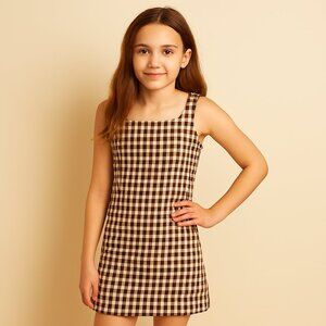 Full Tilt Plaid Fitted Dress Sleeveless Square Neckline Tan White Medium